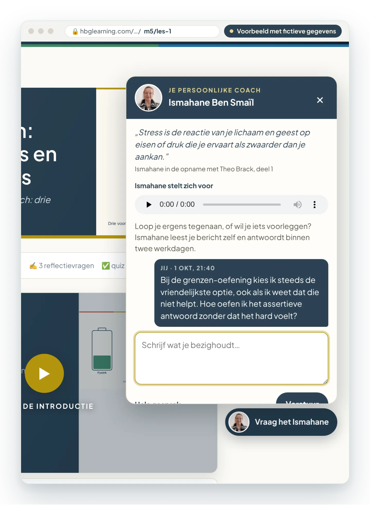 Het paneel Vraag het Ismahane naast een les, met een vraag van de cursist