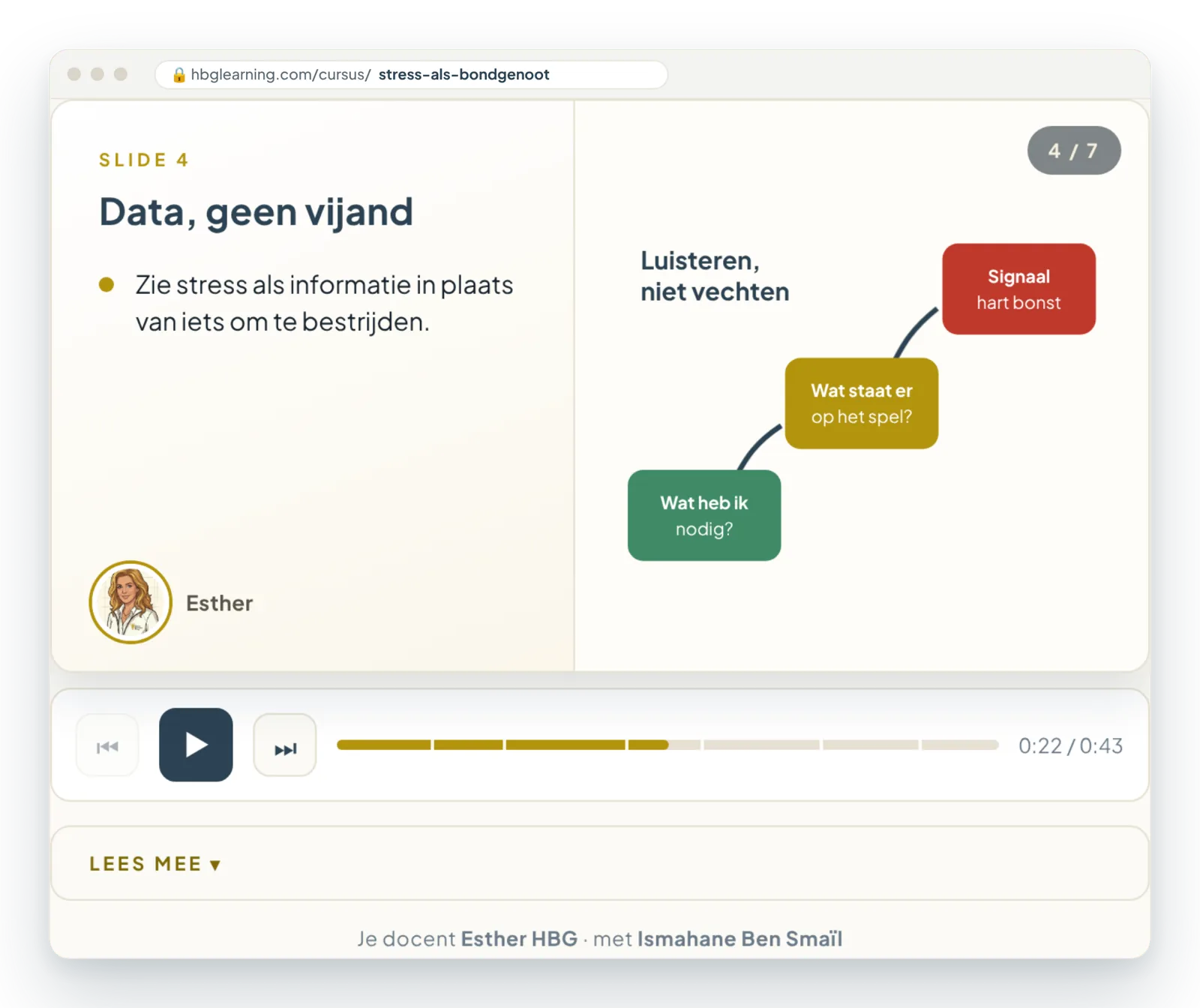 Les met Esther: een slide met illustratie over stress als informatie