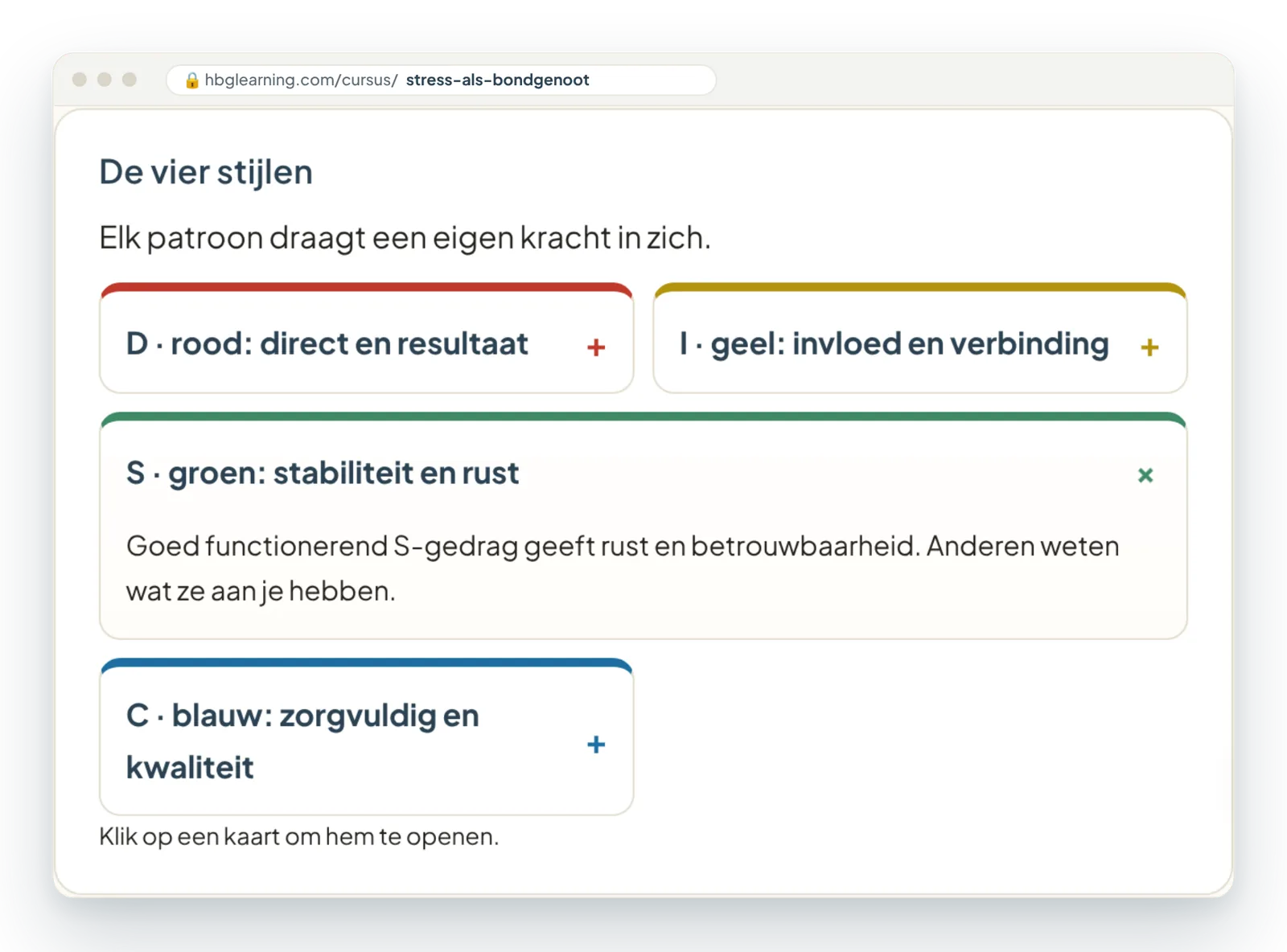 Leeskaarten over de vier gedragsstijlen, één kaart opengeklapt