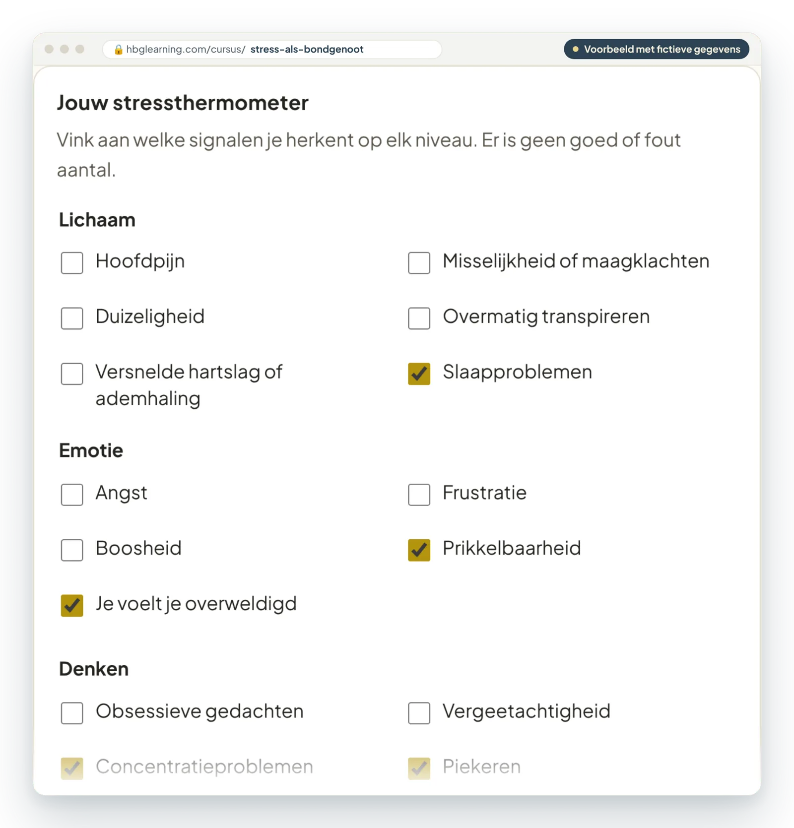 De stressthermometer met aangevinkte signalen, top-3 stressfactoren en de uitkomst waarschuwingszone