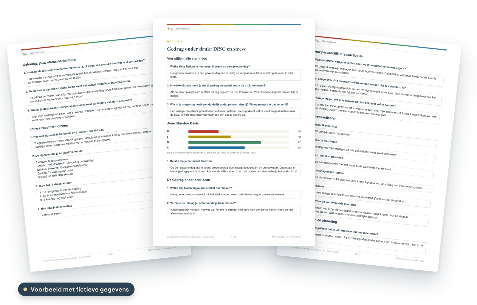 Pagina's uit een ingevuld werkboek: de stressthermometer, de scan en het stressactieplan